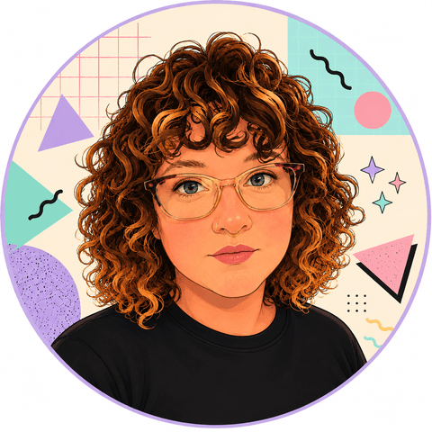 Cartoon illustrated portrait of Laura Gurdak with curly hair and glasses, set against a pastel Memphis-pattern background