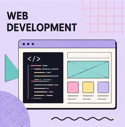 Illustration of a browser window with a code editor and layout blocks, representing web development