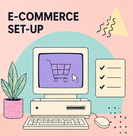 Illustration of a desktop computer displaying a shopping cart icon, representing e-commerce set up