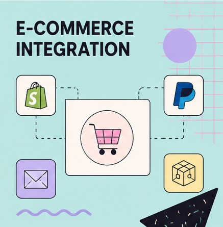 Illustration of a shopping cart connected to Shopify, PayPal, email, and shipping icons, representing e-commerce integration
