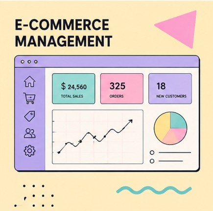 Illustration of a dashboard with sales totals, order counts, and a trend chart, representing e-commerce management