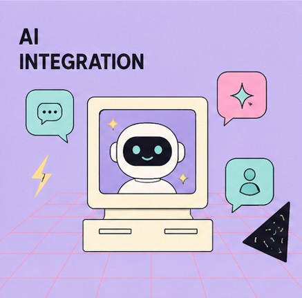 Illustration of a friendly robot assistant on a computer screen, representing AI integration