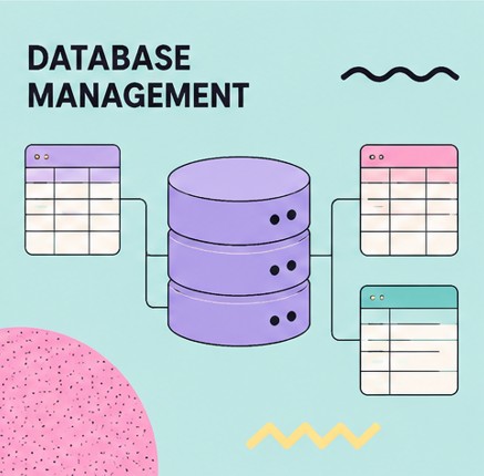 Illustration of a database connected to data tables, representing database management